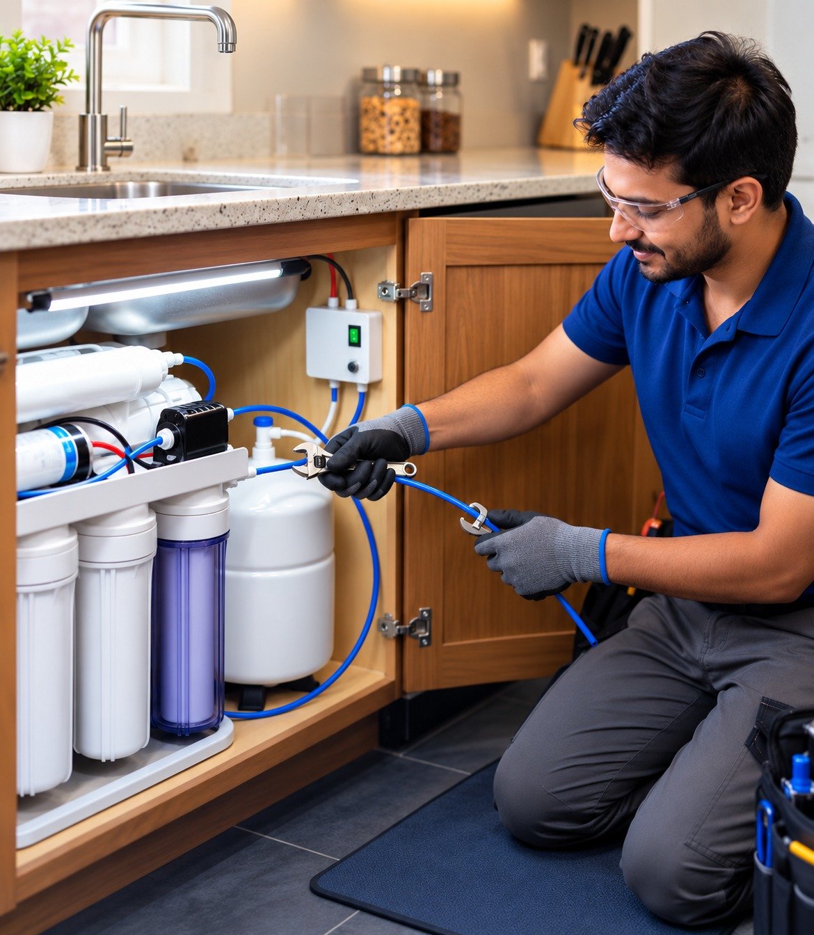 Namma RO technician servicing an under-sink RO water purifier